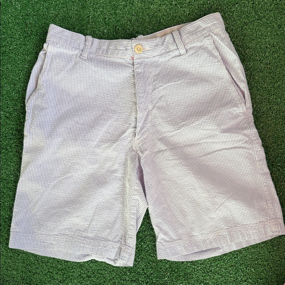 Izod Men's Light Blue & White Stripe Seersucker  Flat Front Golf Shorts